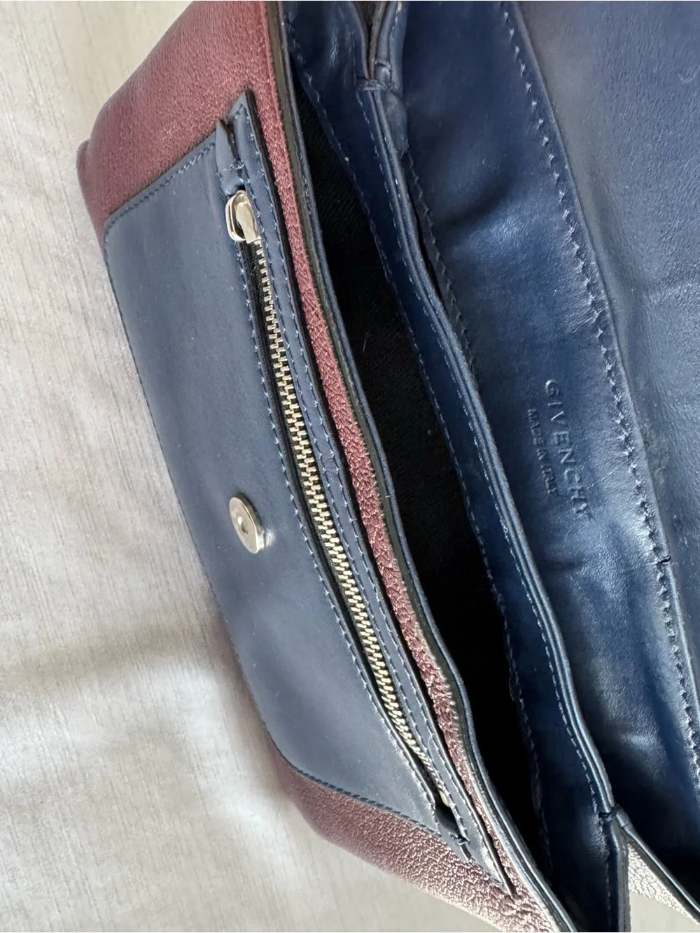 Givenchy Calfskin Duetto Navy and Burgundy Leather Crossbody Purse